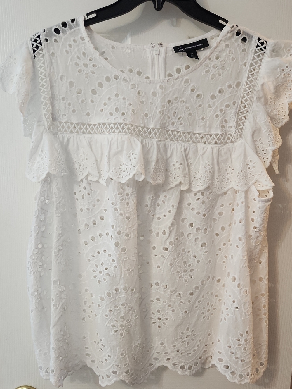 INC International Concepts White Eyelet Ruffle Cap-Sleeve Yoke Blouse